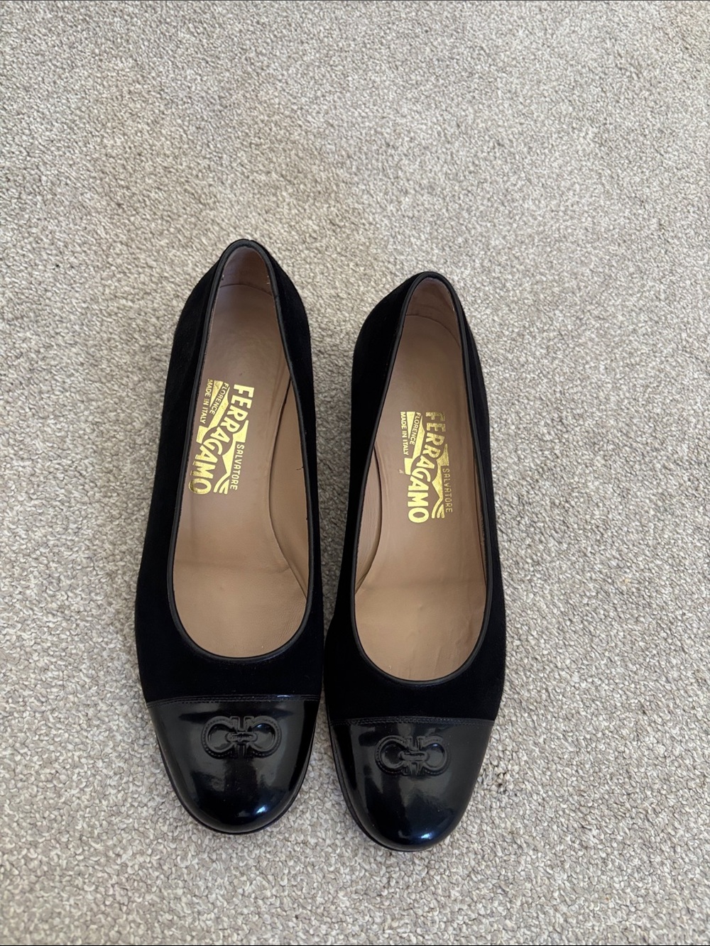 Salvatore Ferragamo Black Suede and Patent Leather Logo Toe Ballet Flats. Size 9